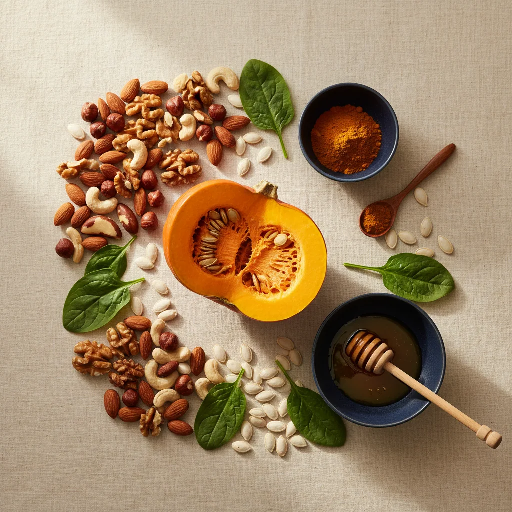 Flat lay van pompoenzaden, noten en groene bladgroenten op een lichte ondergrond - zink magnesium supplement voor mannen